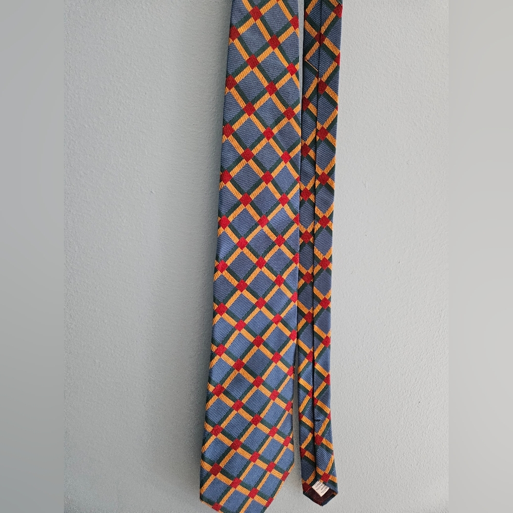 ​Paul Fredrick vintage silk tie blue yellow red green plaid check diagonal USA